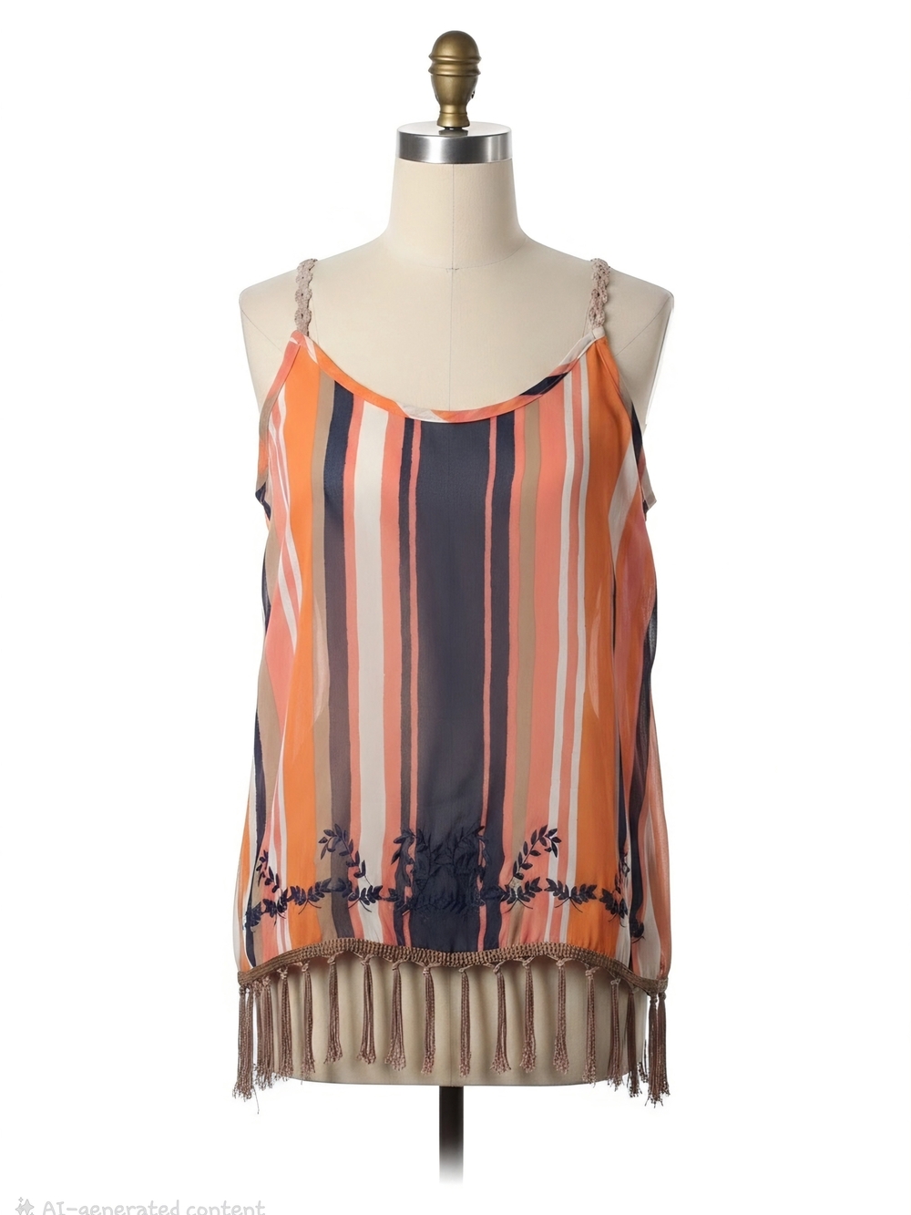 Gimmicks by BKE Coral, Navy & Cream Striped Fringed Camisole